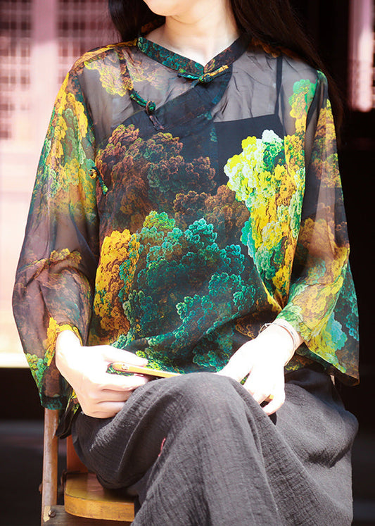 Vintage Photo Color Stand Collar Print Button Tulle Shirt Bracelet Sleeve VB1021