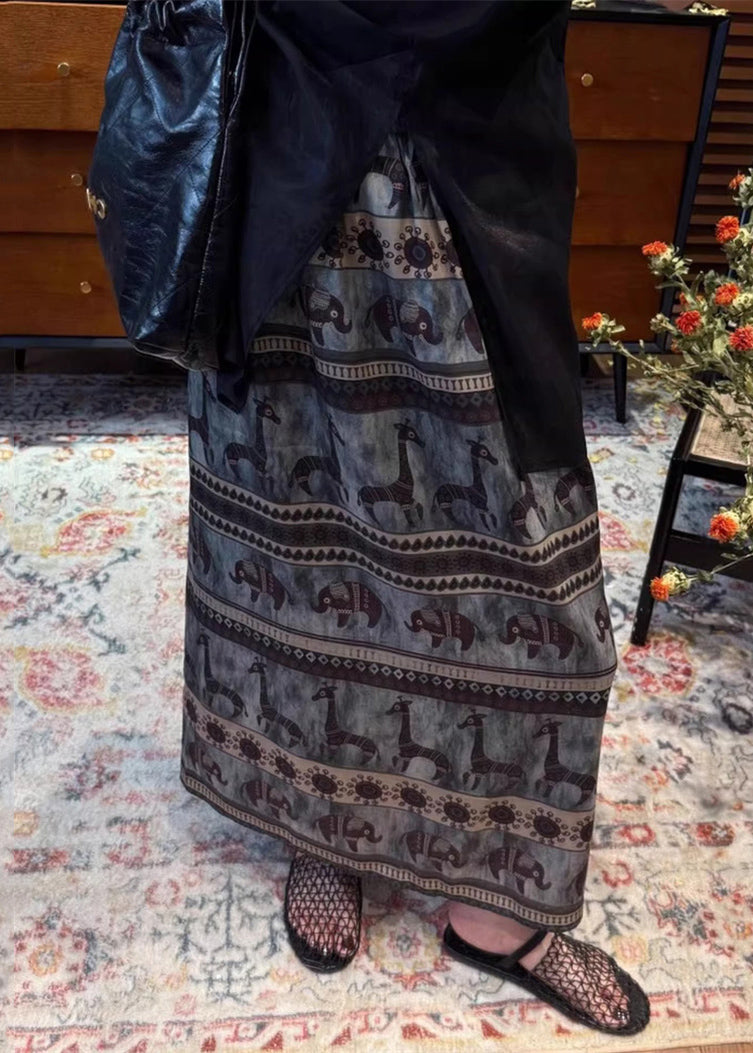 Waist Elastic Vintage Print Summer Side Skirt Open Cotton