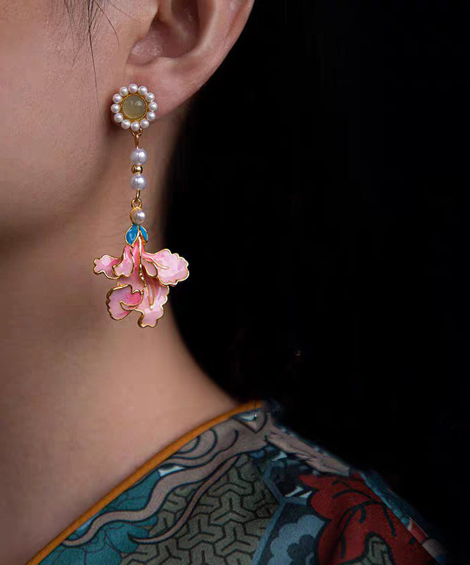 Tassel Pearl Earrings Alloy Enameling Vintage Drop Peony Rainbow