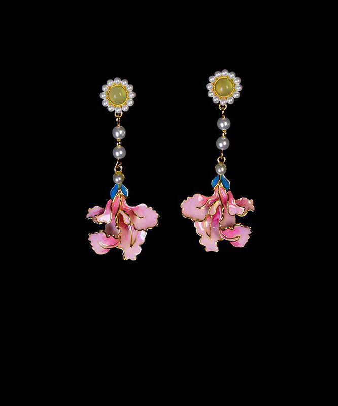 Tassel Pearl Earrings Alloy Enameling Vintage Drop Peony Rainbow