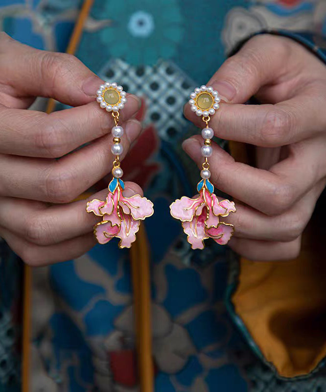 Tassel Pearl Earrings Alloy Enameling Vintage Drop Peony Rainbow