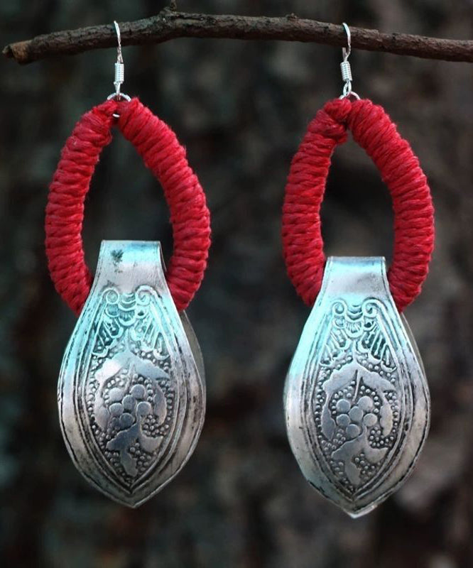 Earrings Hoop Silver Red Vintage Sterling Engrave