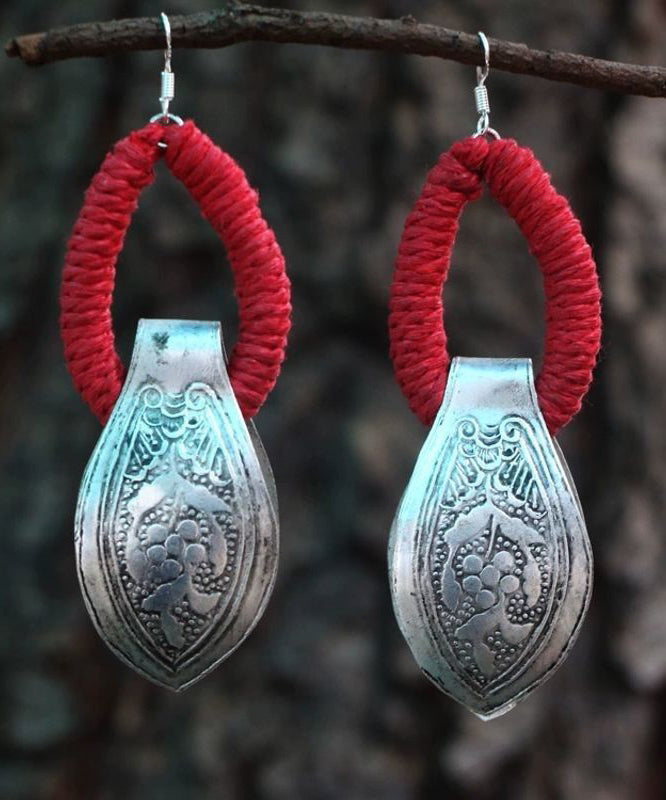 Earrings Hoop Silver Red Vintage Sterling Engrave