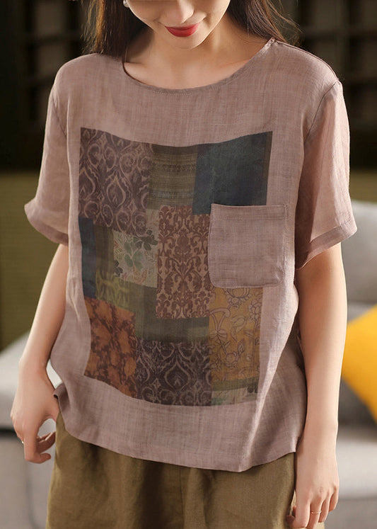 Skin Summe Pockets O Linen T Vintage Shirts Print Neck Pink