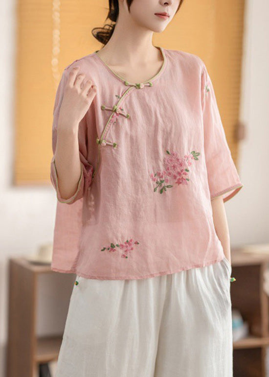 O Oriental Neck Linen Button Shirt Summer Vintage Yellow