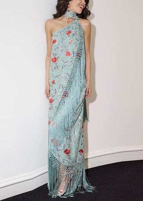 Dresses Asymmetrical Cotton Maxi Print Tasseled Green Vogue