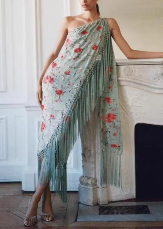 Dresses Asymmetrical Cotton Maxi Print Tasseled Green Vogue