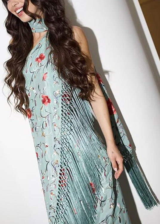 Dresses Asymmetrical Cotton Maxi Print Tasseled Green Vogue