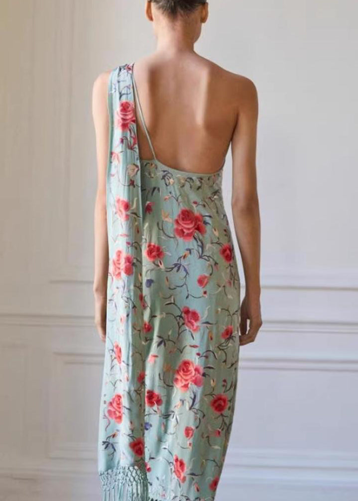 Dresses Asymmetrical Cotton Maxi Print Tasseled Green Vogue