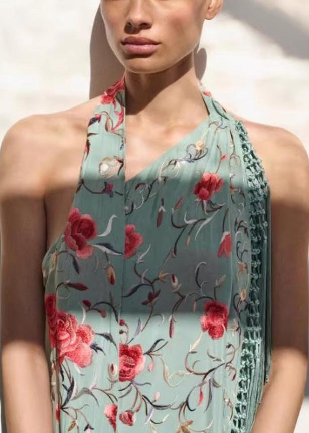 Dresses Asymmetrical Cotton Maxi Print Tasseled Green Vogue