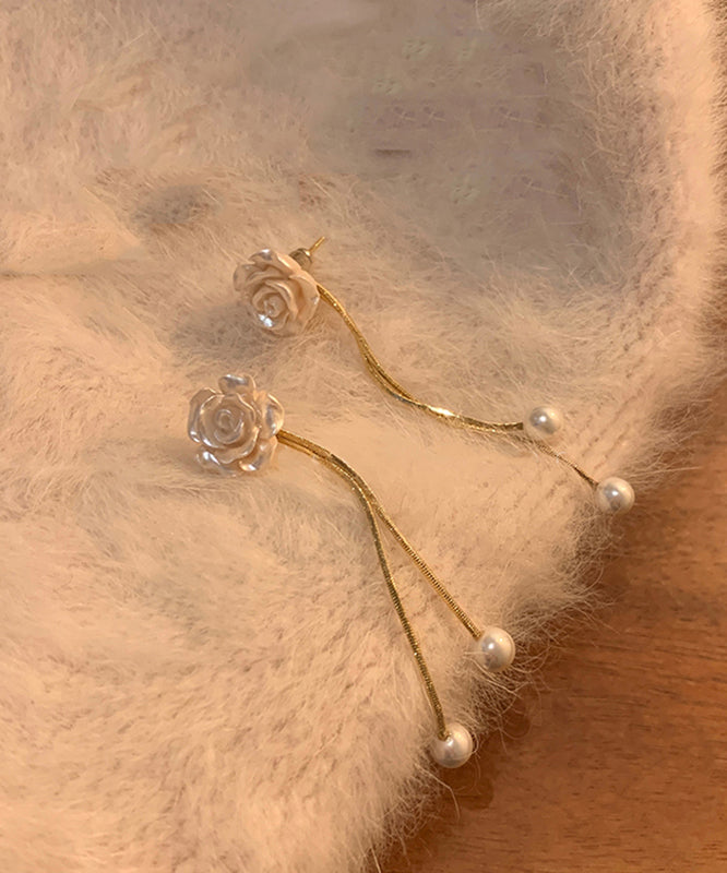 Earrings Copper Vogue White Camellia Drop Flower Pearl Tassel