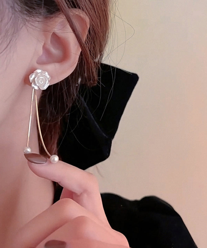 Earrings Copper Vogue White Camellia Drop Flower Pearl Tassel