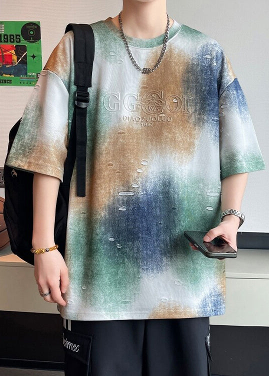 Tie Cotton Letter Dye Sleeve Shirts Half Men T White Hole