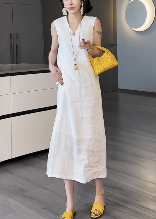 Pockets Long White Two Summer V Neck Pieces Cotton False Dress