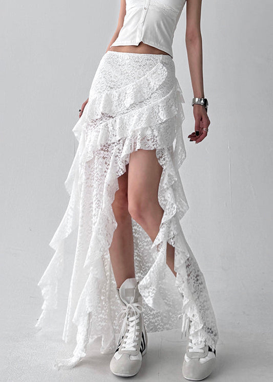 Summer White Ruffled Lace Solid Skirt Asymmetrical