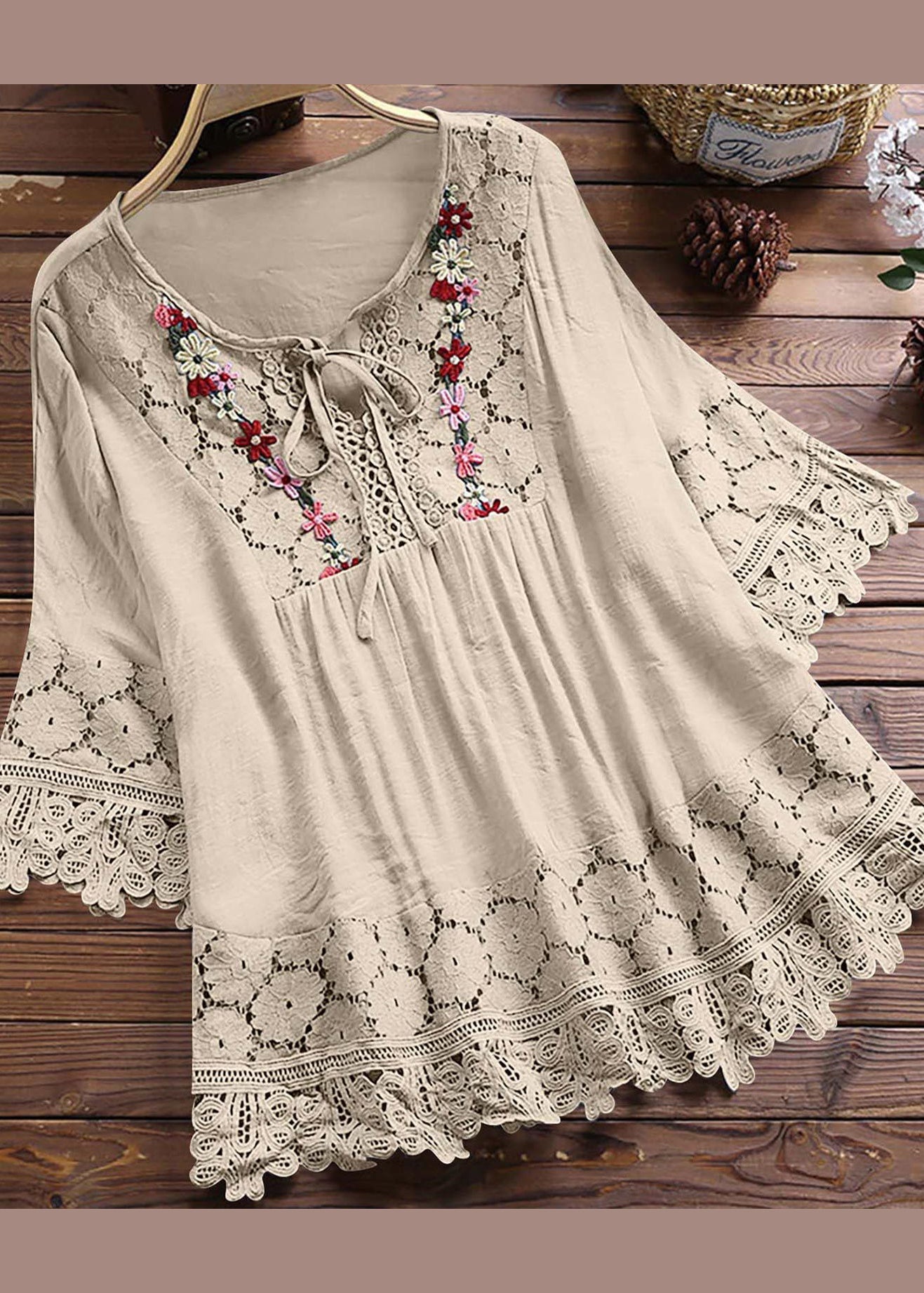 Lace Neck Summer T Patchwork Women Apricot Shirt O
