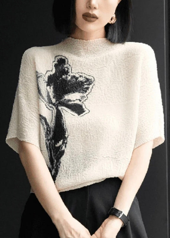 Wrinkled Print Beige Women Cotton Batwing Sleeve T Shirts