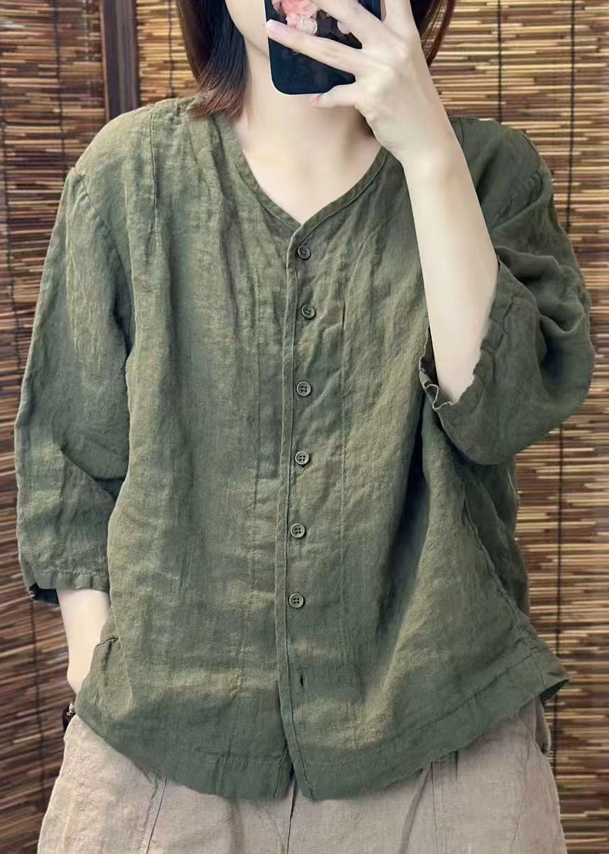 Neck Linen Green Summer Shirt Women Button O