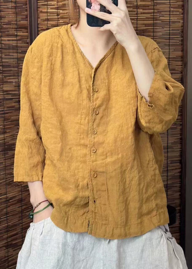 Neck Linen Green Summer Shirt Women Button O