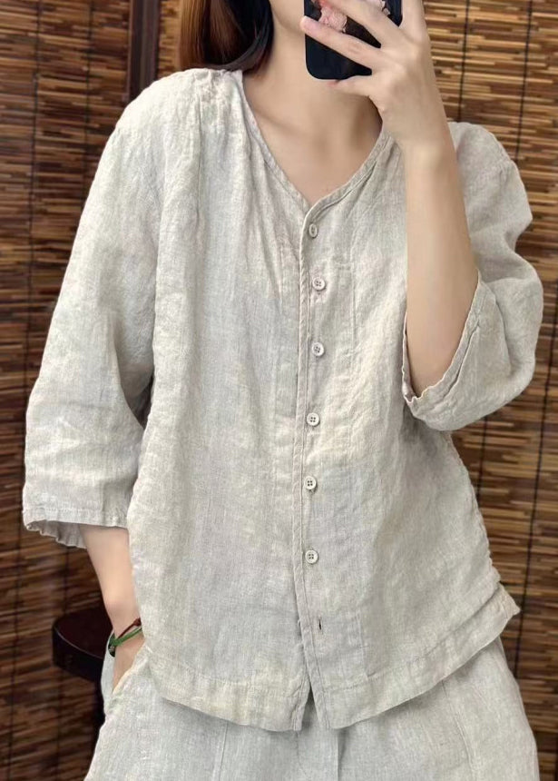 Neck Linen Green Summer Shirt Women Button O