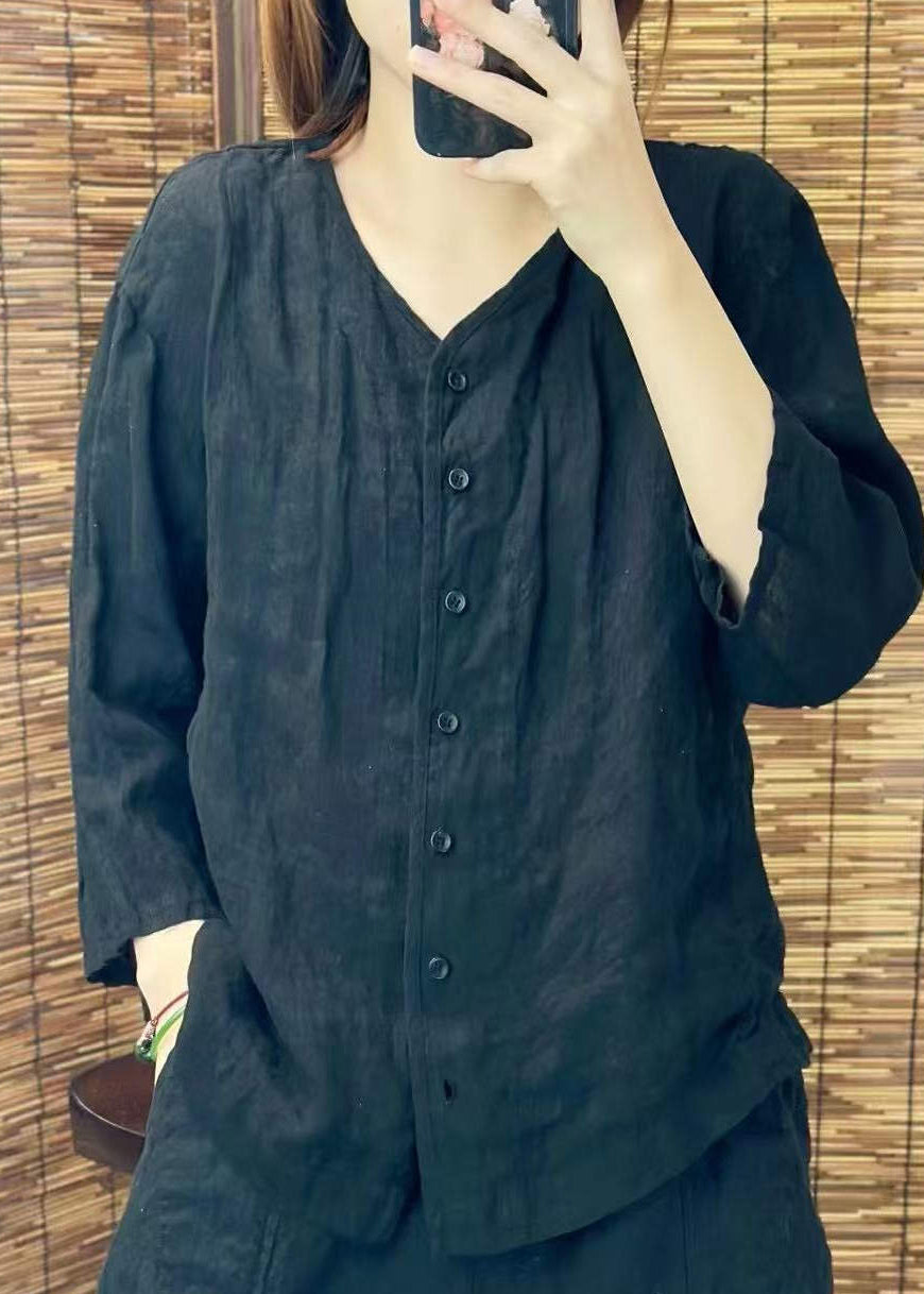 Neck Linen Green Summer Shirt Women Button O
