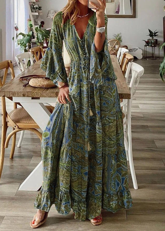 Sleeve Maxi Print Green Dresses V Flare Neck Cotton Women
