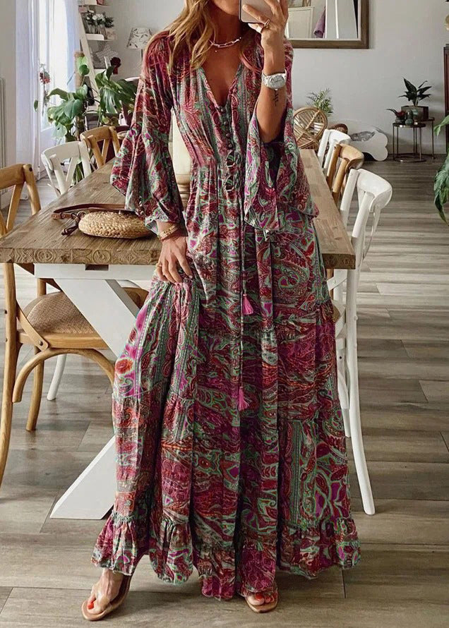 Sleeve Maxi Print Green Dresses V Flare Neck Cotton Women