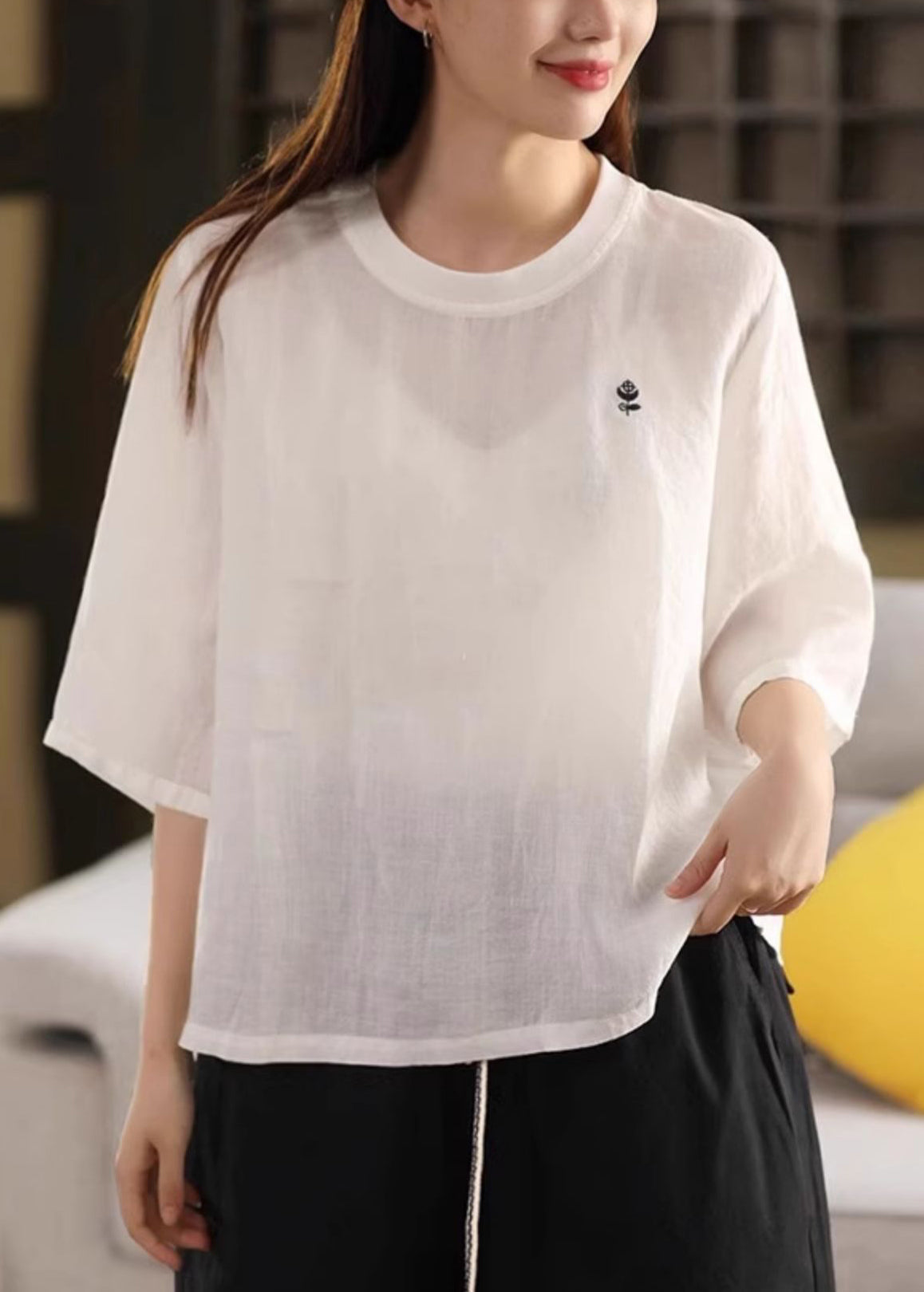 Shirts Women Orange O Solid Neck Linen Half Sleeve T