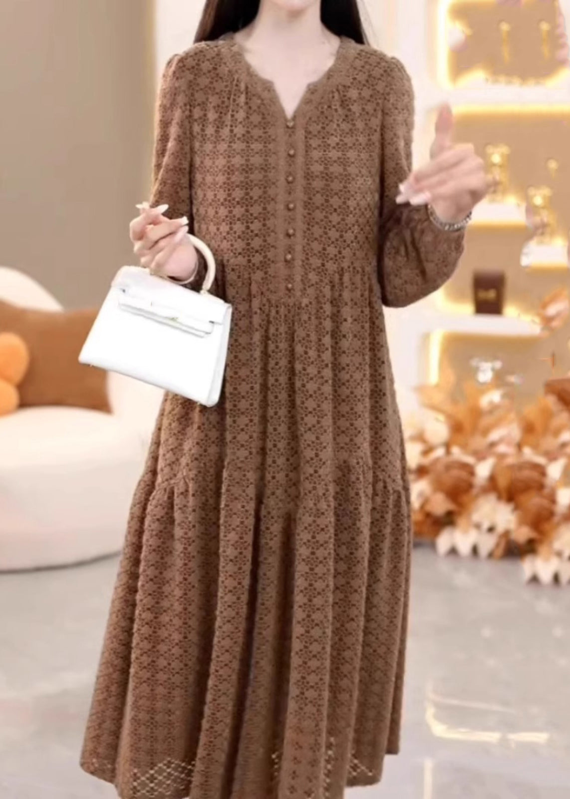 Women Photo Color V Neck Patchwork Button Silk Velvet Maxi Dresses Spring RF042