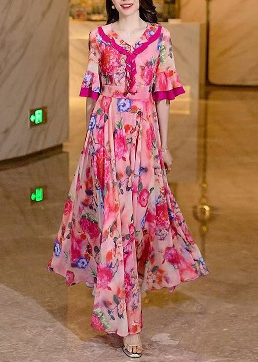 Women Pink Summer Dress Print Chiffon Long Ruffled
