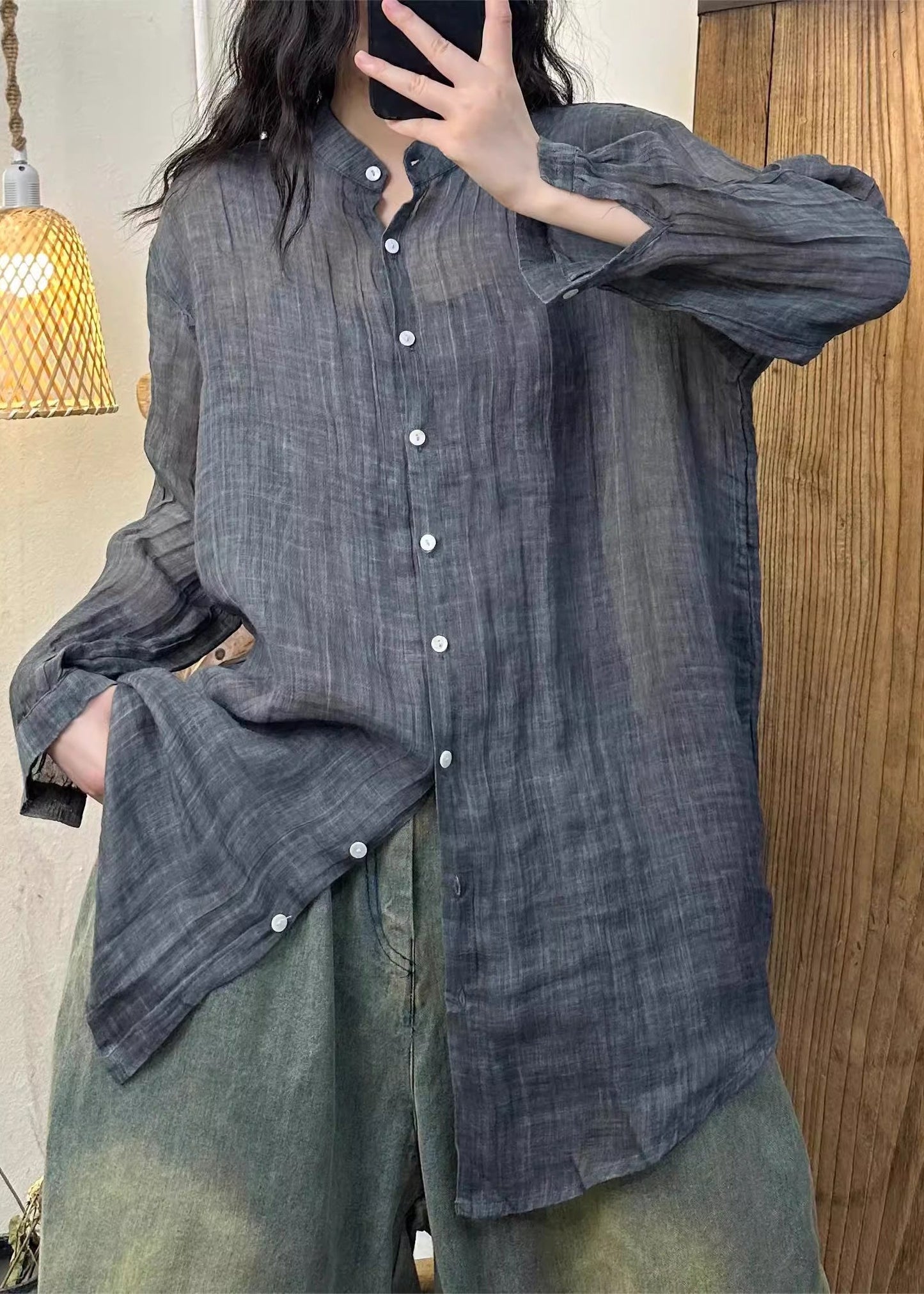 Wrinkled Solid Pink Button Spring Linen Women Shirt