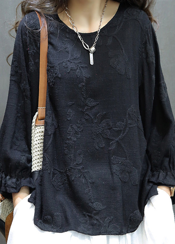 O Sleeve Embroidered Neck Red Lantern Shirt Women Tops Linen