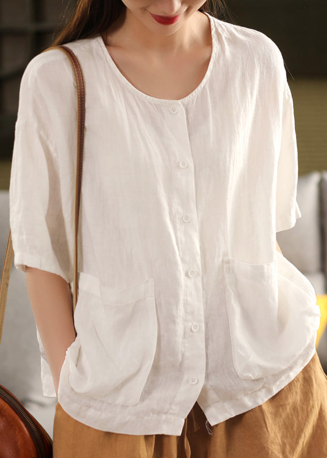 Button Pockets Neck Yellow Linen Shirt Tops O Women Summer