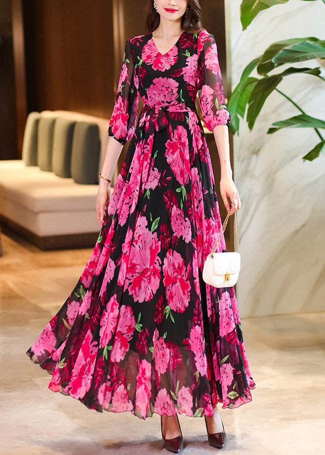V Summer Dresses Chiffon Rose Maxi Print Neck Women