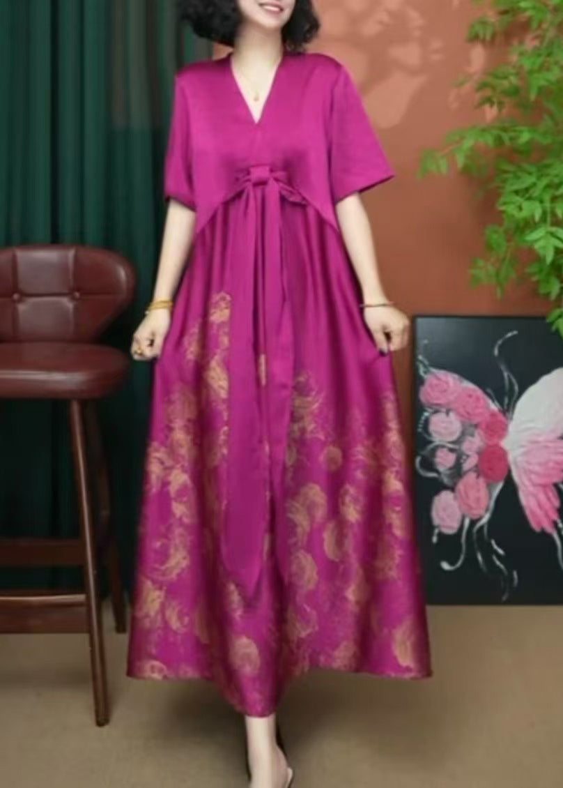 Summer Dress Patchwork V Women Silk Long Print Neck Rose