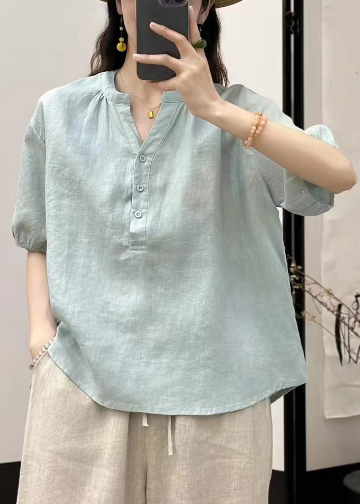Women Loose Linen Shirt Button Solid Blue Sky