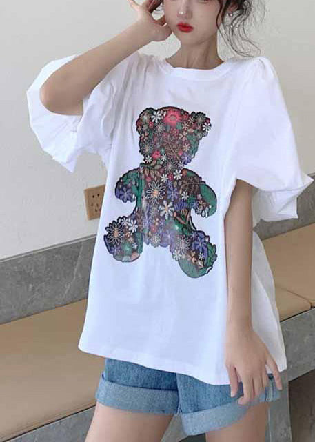 Tank Cotton Puff Bear Women White Print Tops Sleeve