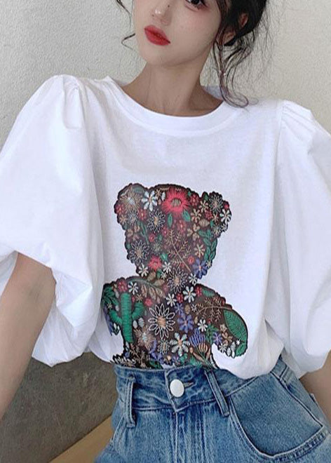 Tank Cotton Puff Bear Women White Print Tops Sleeve