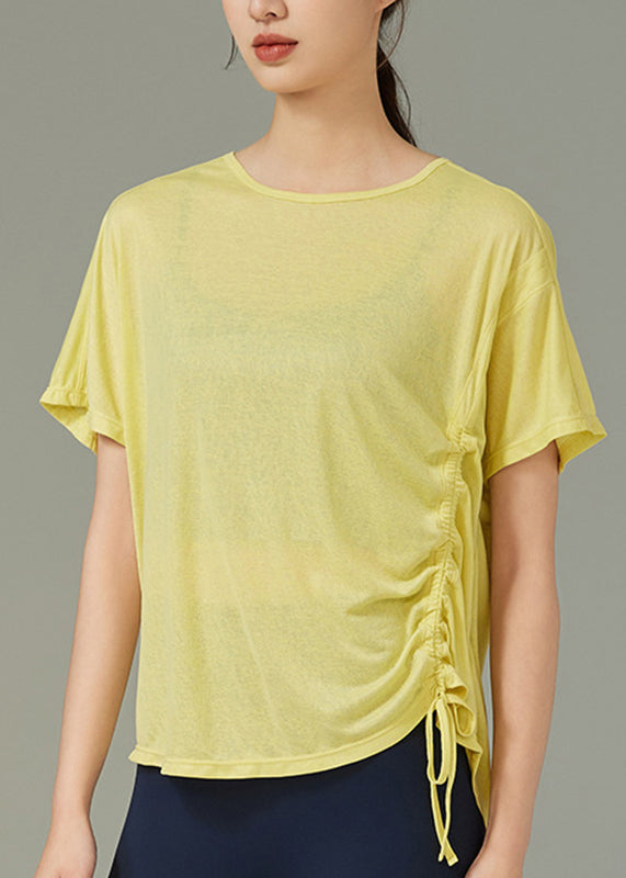 Yoga Drawstring Top White Solid Women Sleeve Short