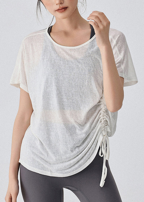 Yoga Drawstring Top White Solid Women Sleeve Short