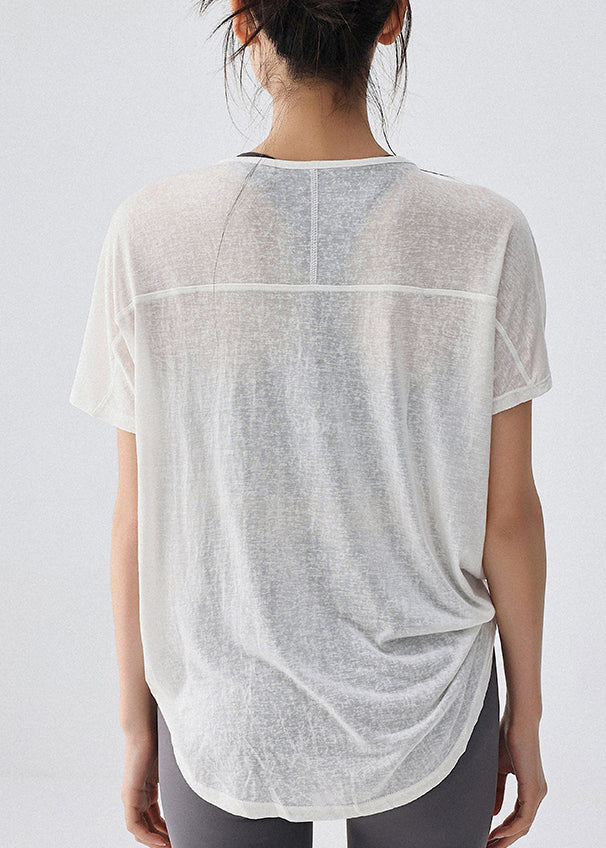 Yoga Drawstring Top White Solid Women Sleeve Short