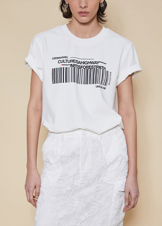 Summer T Women Neck Cotton Shirts O Print White