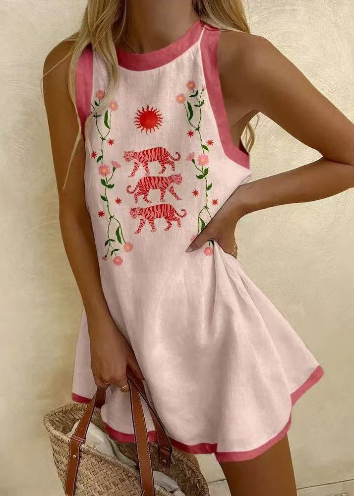 Mini Cotton Patchwork Sleeveless Women White Dresses Neck O Print