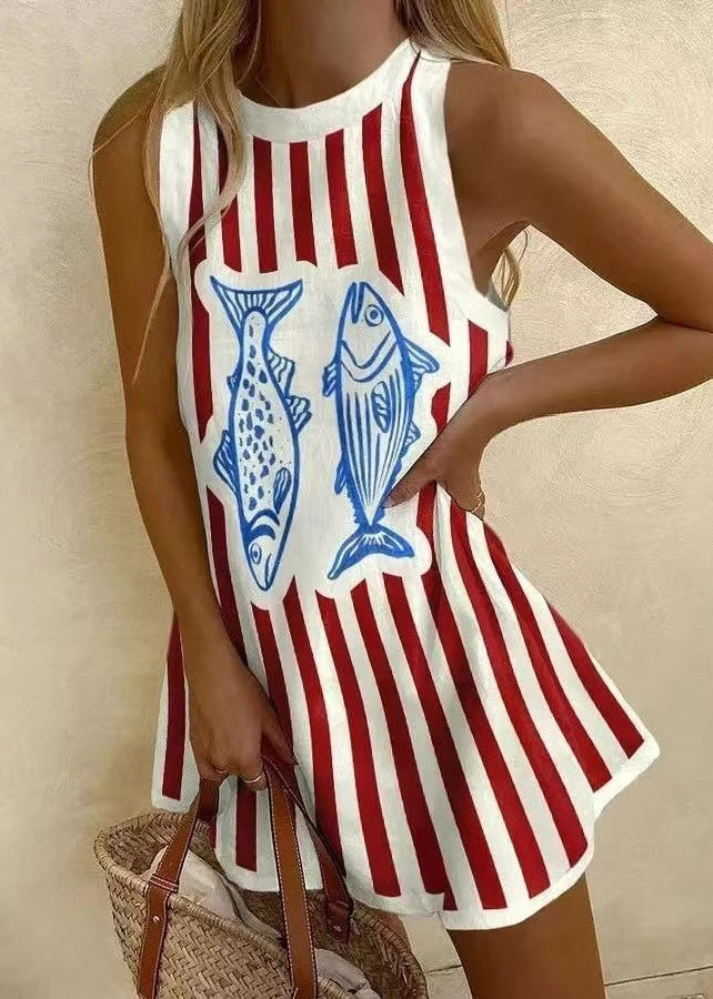 Mini Cotton Patchwork Sleeveless Women White Dresses Neck O Print