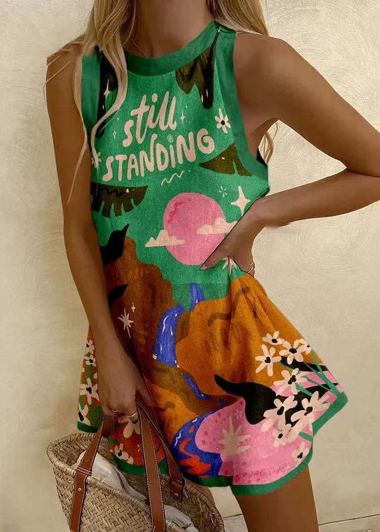 Mini Cotton Patchwork Sleeveless Women White Dresses Neck O Print