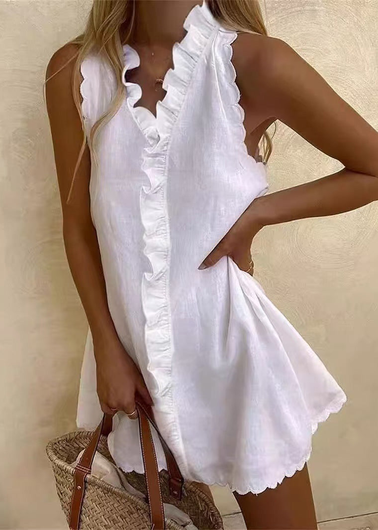 Mini Ruffled Dresses White Sleeveless Cotton Solid Women
