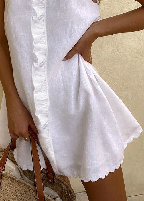 Mini Ruffled Dresses White Sleeveless Cotton Solid Women