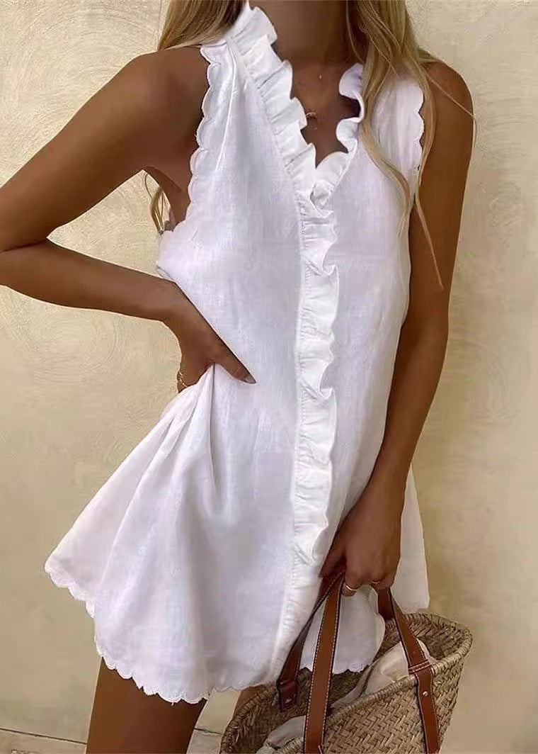 Mini Ruffled Dresses White Sleeveless Cotton Solid Women