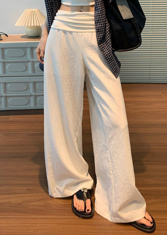 Elastic Fall Women White Pants Waist Solid Linen