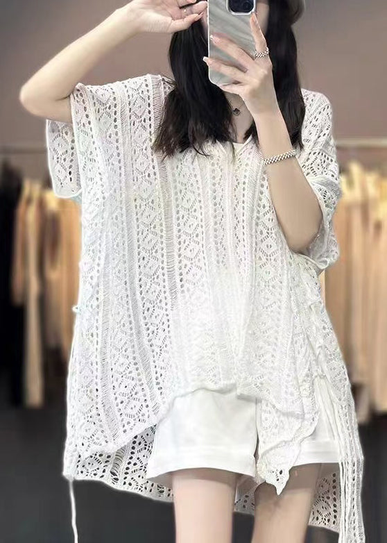 Knit Shirts Women T Neck V White Out Summer Hollow
